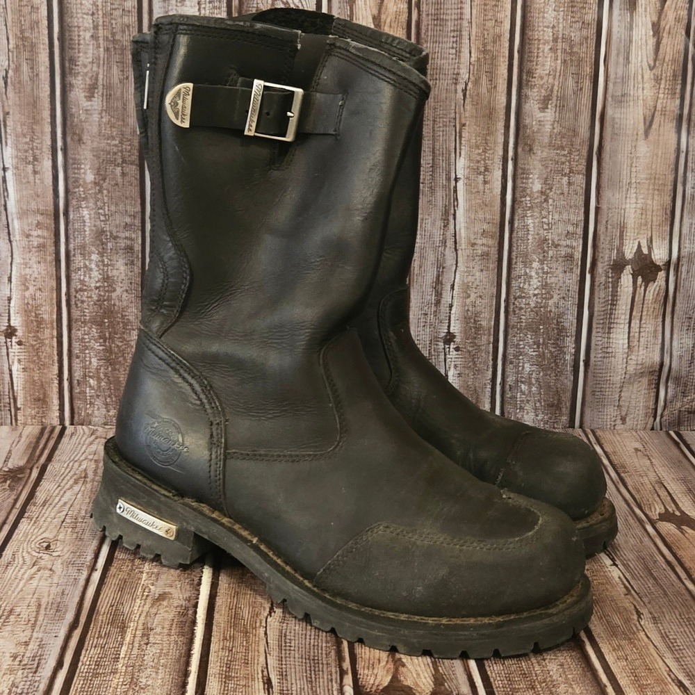 12 D Mens Milwaukee MB422 Black Leather Biker Motorcycle Engineer Boots Good
